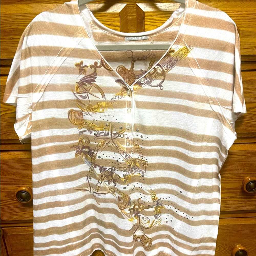 WOMANS NAUTICAL KAHKI & BROWN SHORT SLEEVE TOP SIZE XL